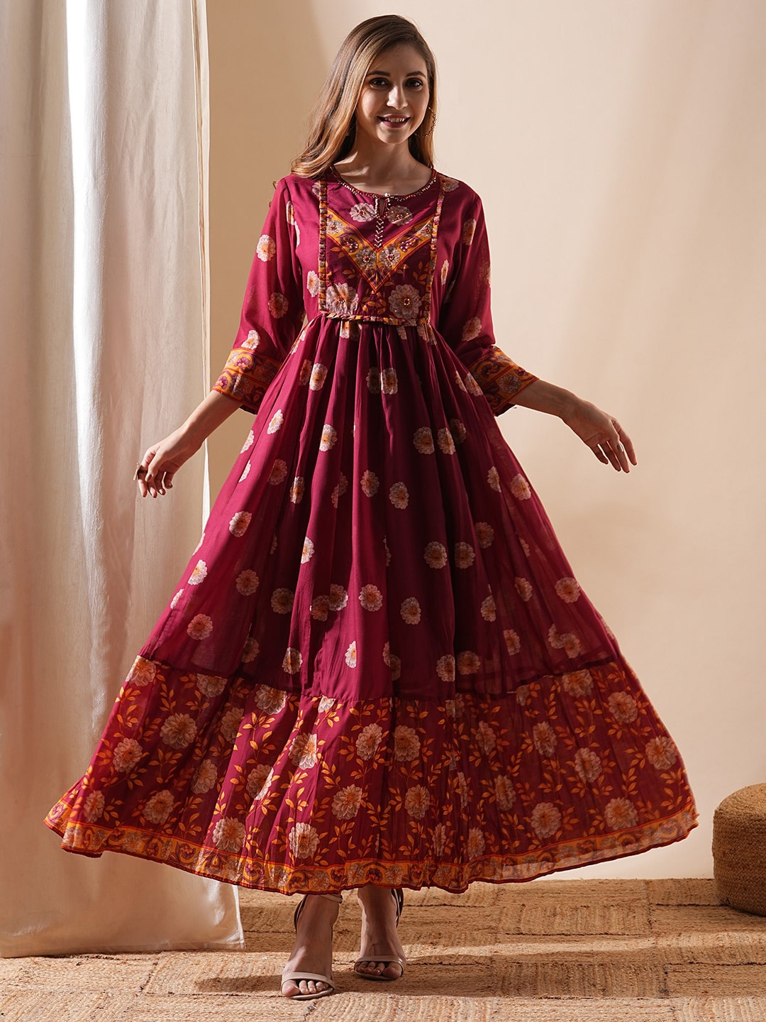 

FASHOR Floral Printed Keyhole Neck Cotton Maxi Dress, Maroon