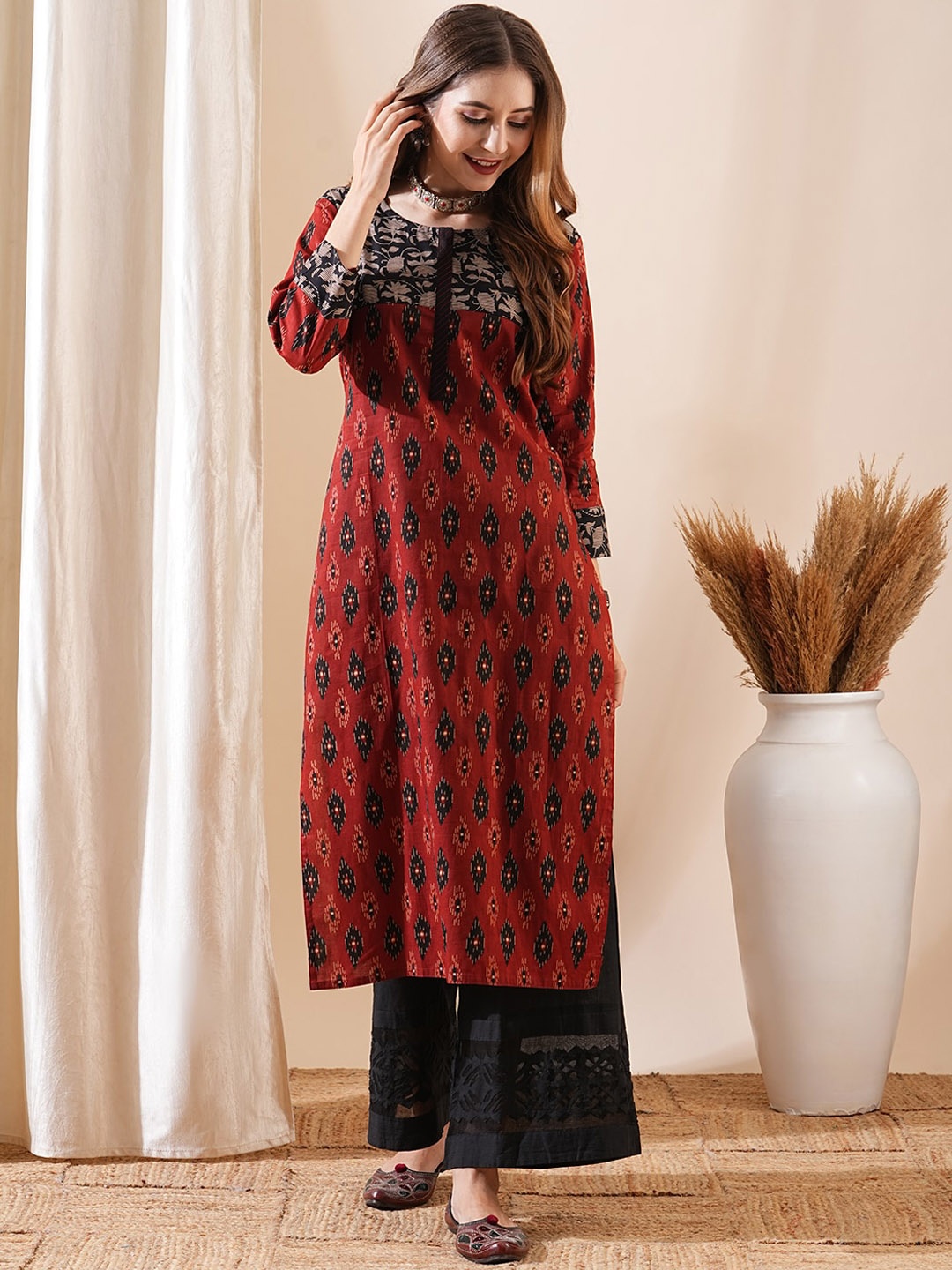 

FASHOR Ethnic Motifs Printed Cotton Straight Kurta, Rust