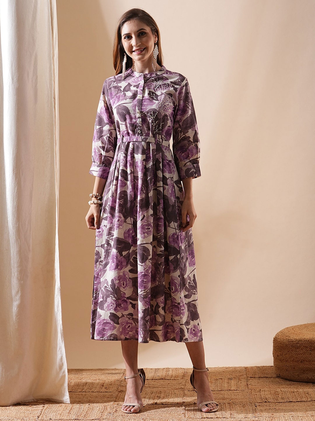 

FASHOR Floral Printed A-Line Cotton Midi Dress, Lavender