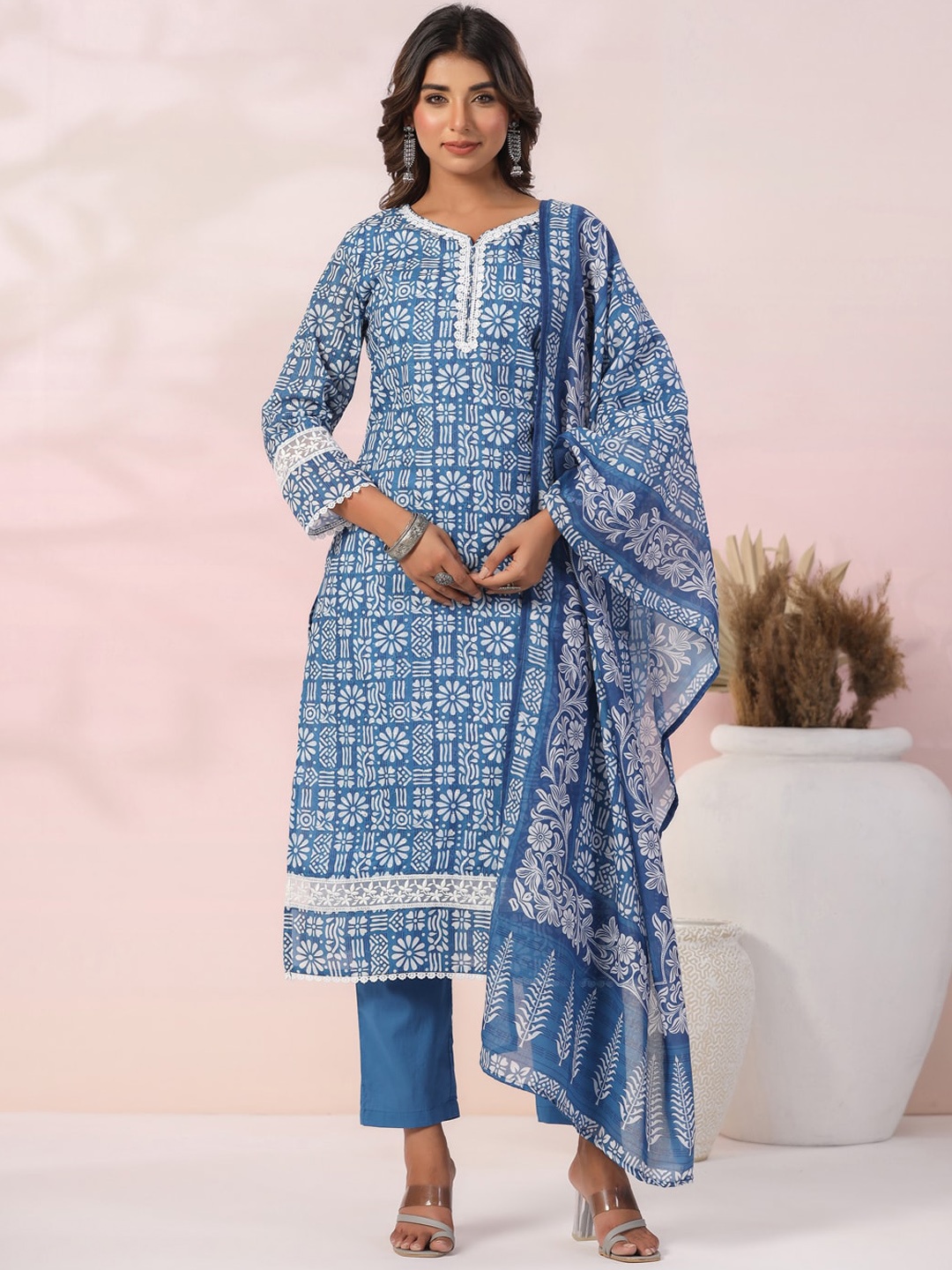 

FASHOR Floral Printed Thread Work Pure Cotton Straight Kurta With Trouser & Dupatta, Blue
