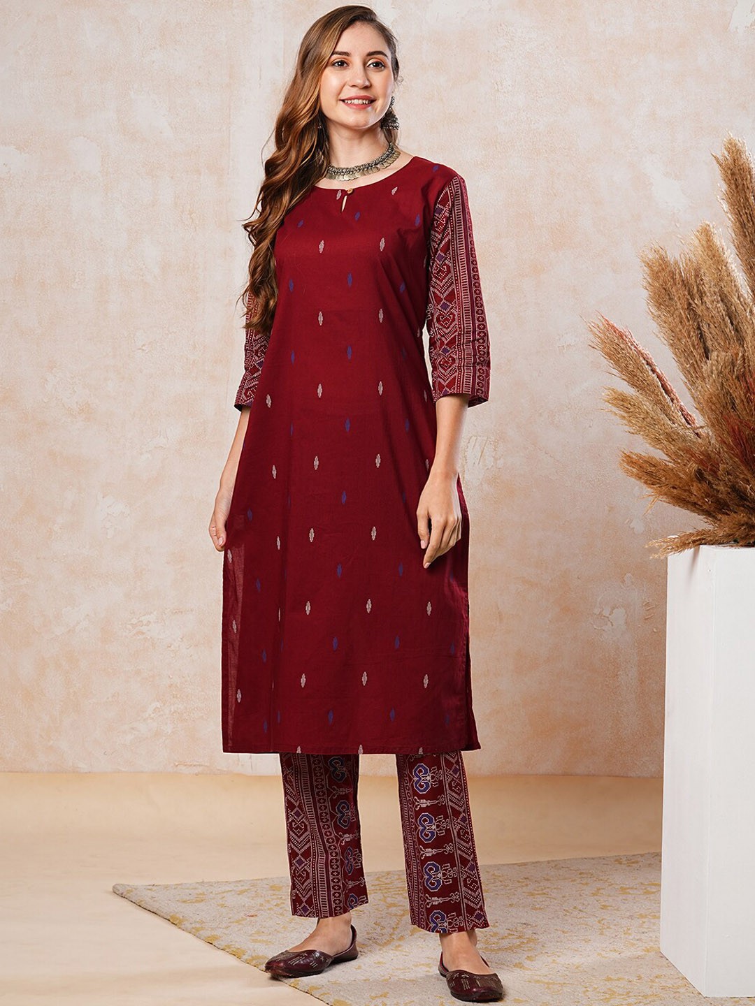 

FASHOR Ethnic Motifs Printed Pure Cotton Straight Kurta With Trouser, Maroon