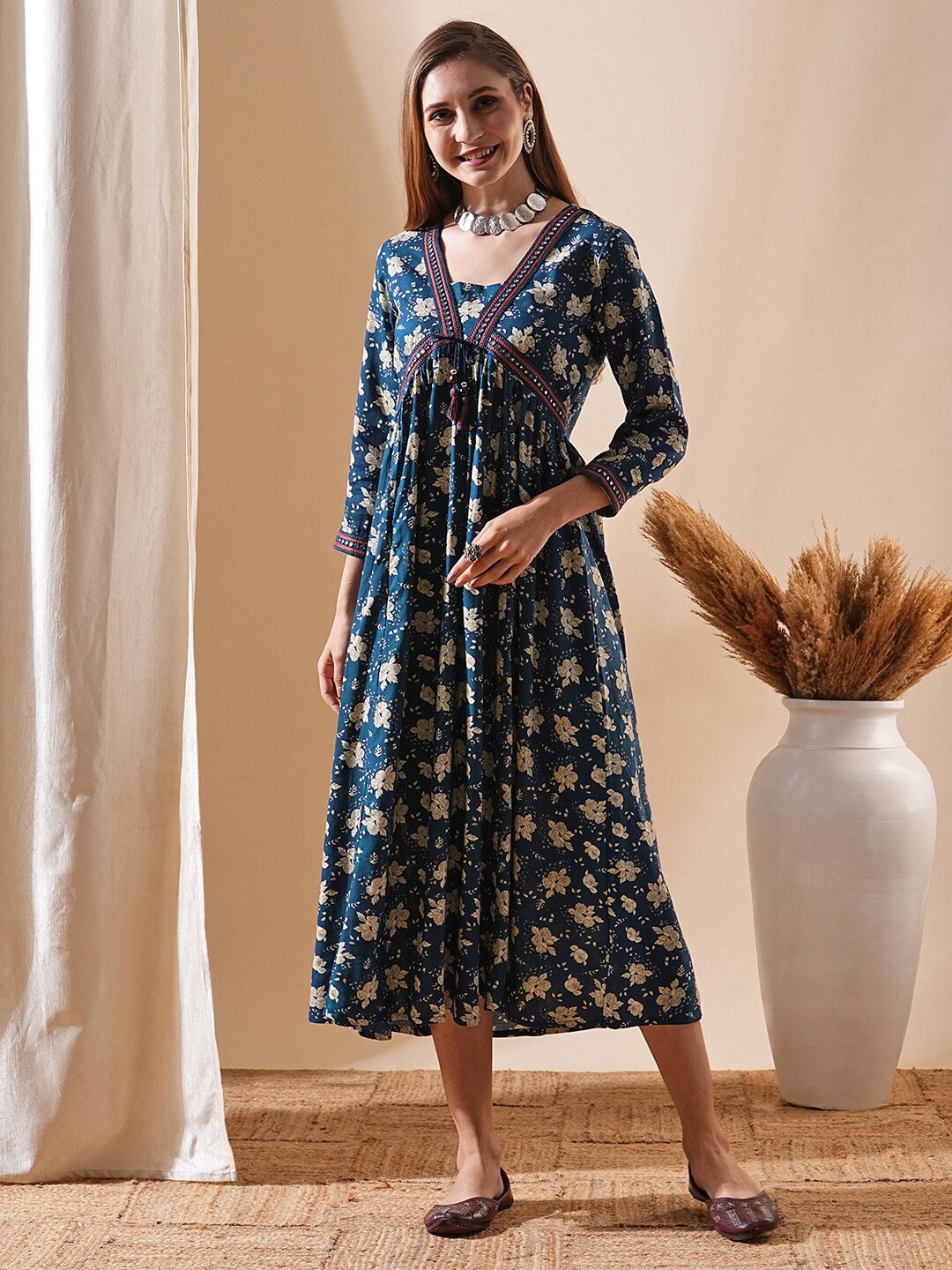 

FASHOR Floral Printed Empire Midi Dress, Blue