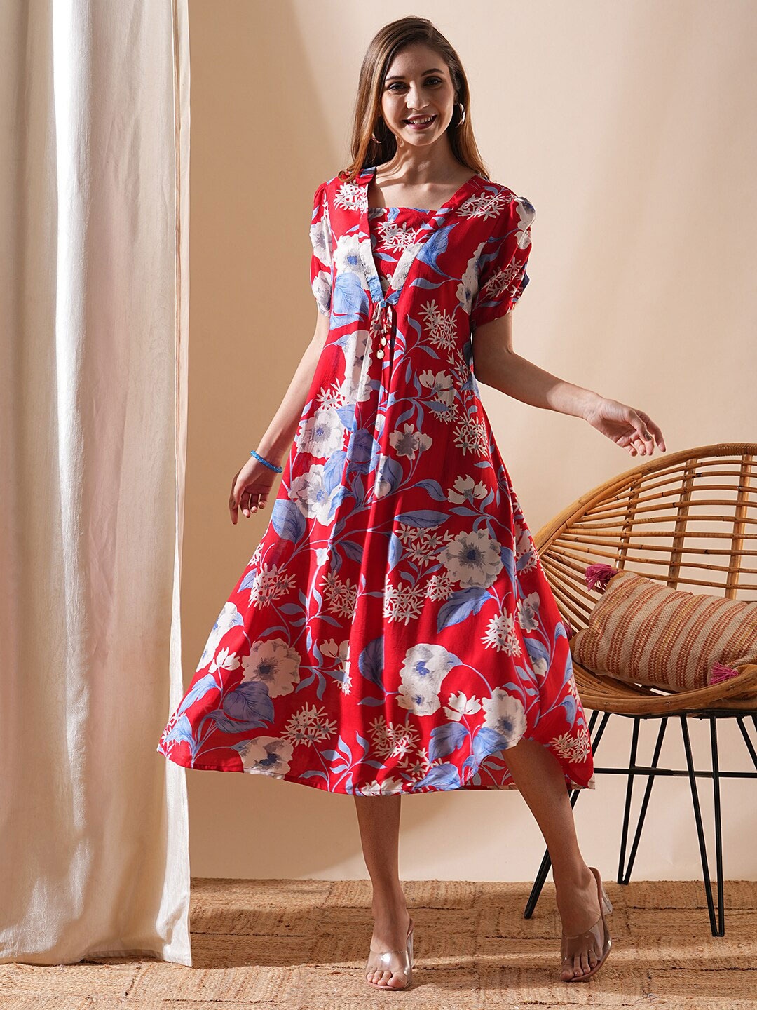 

FASHOR Floral Printed Puff Sleeve A-Line Midi Dress, Red