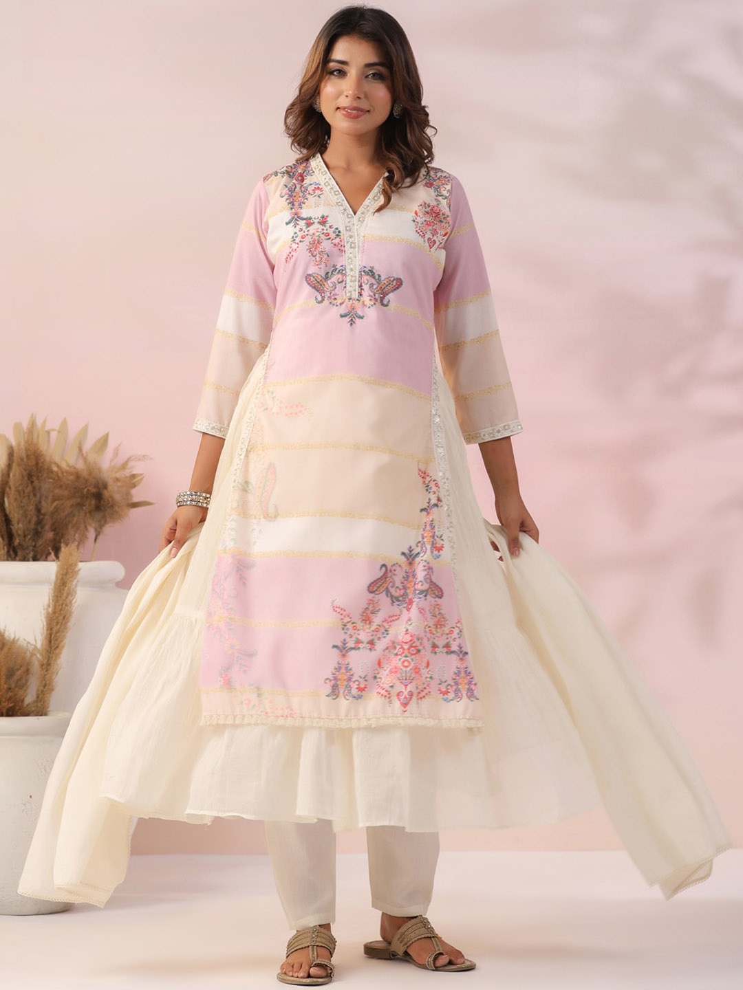 

FASHOR Floral Printed Layered Beads and Stones Pure Cotton Kurta With Trouser & Dupatta, Off white