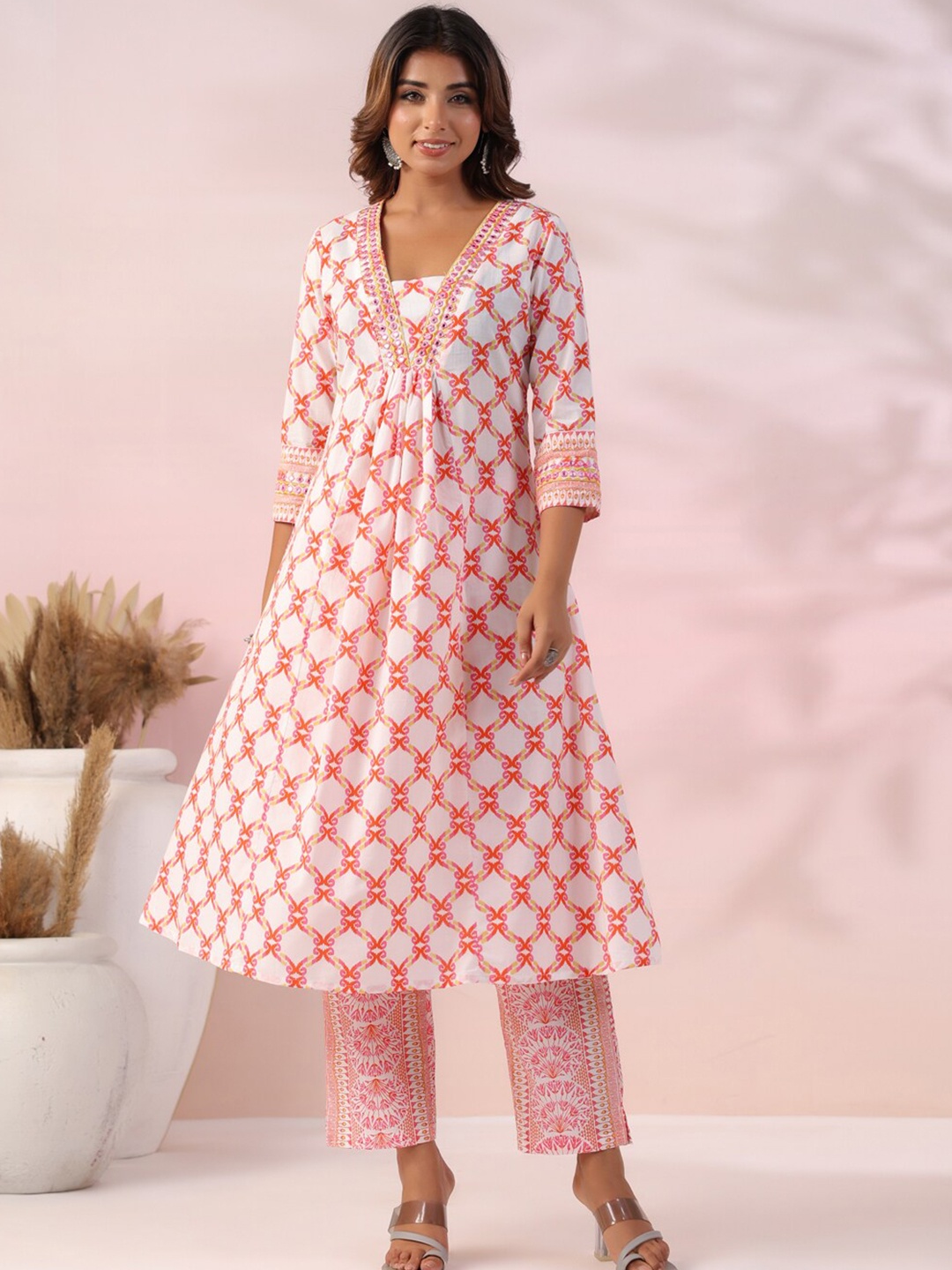 

FASHOR Ethnic Motifs Printed Pleated Mirror Work Pure Cotton A-line Kurta With Trouser, White