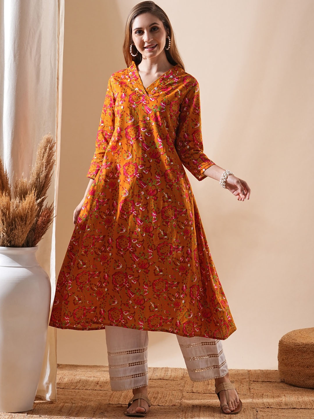 

FASHOR Floral Printed Sequined Pure Cotton A-Line Kurta, Mustard
