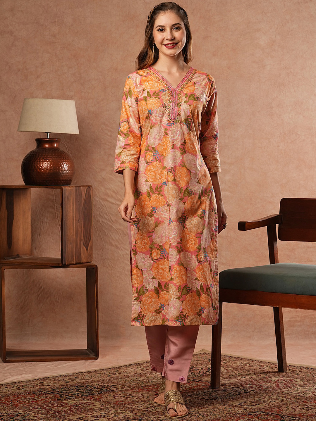 

FASHOR Floral Printed Mirror Work Cotton Straight Kurta, Pink