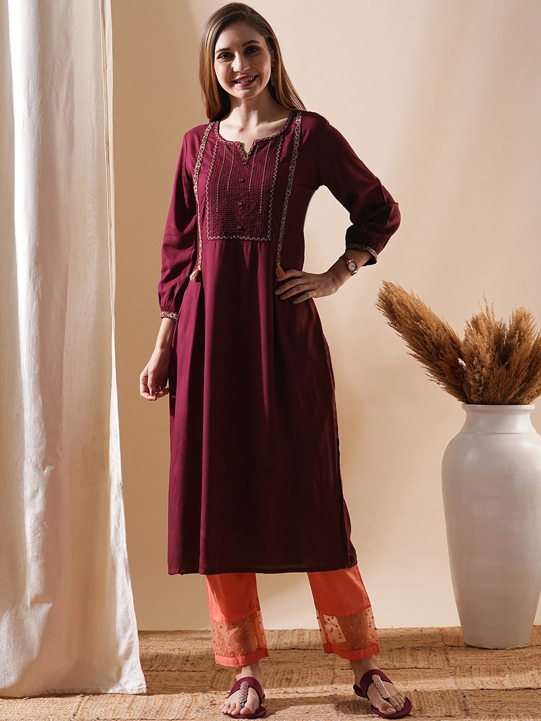 

FASHOR Ethnic Motifs Yoke Design Thread Work High Slit Kurta, Maroon