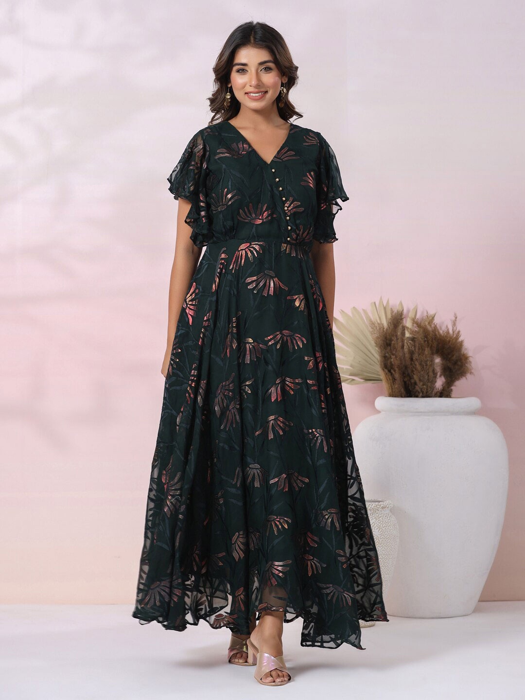 

FASHOR Floral Printed Flutter Sleeve Crepe Maxi Dress, Green