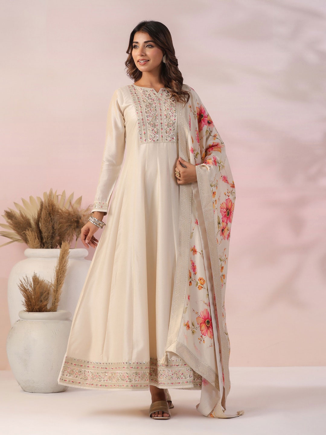 

FASHOR Embellished Maxi Ethnic Dress With Dupatta, Off white