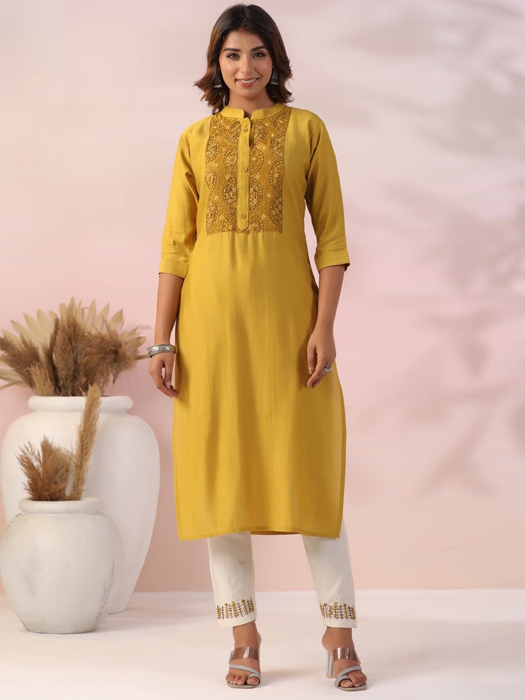 

FASHOR Ethnic Motifs Embroidered Straight Kurta With Trouser, Mustard