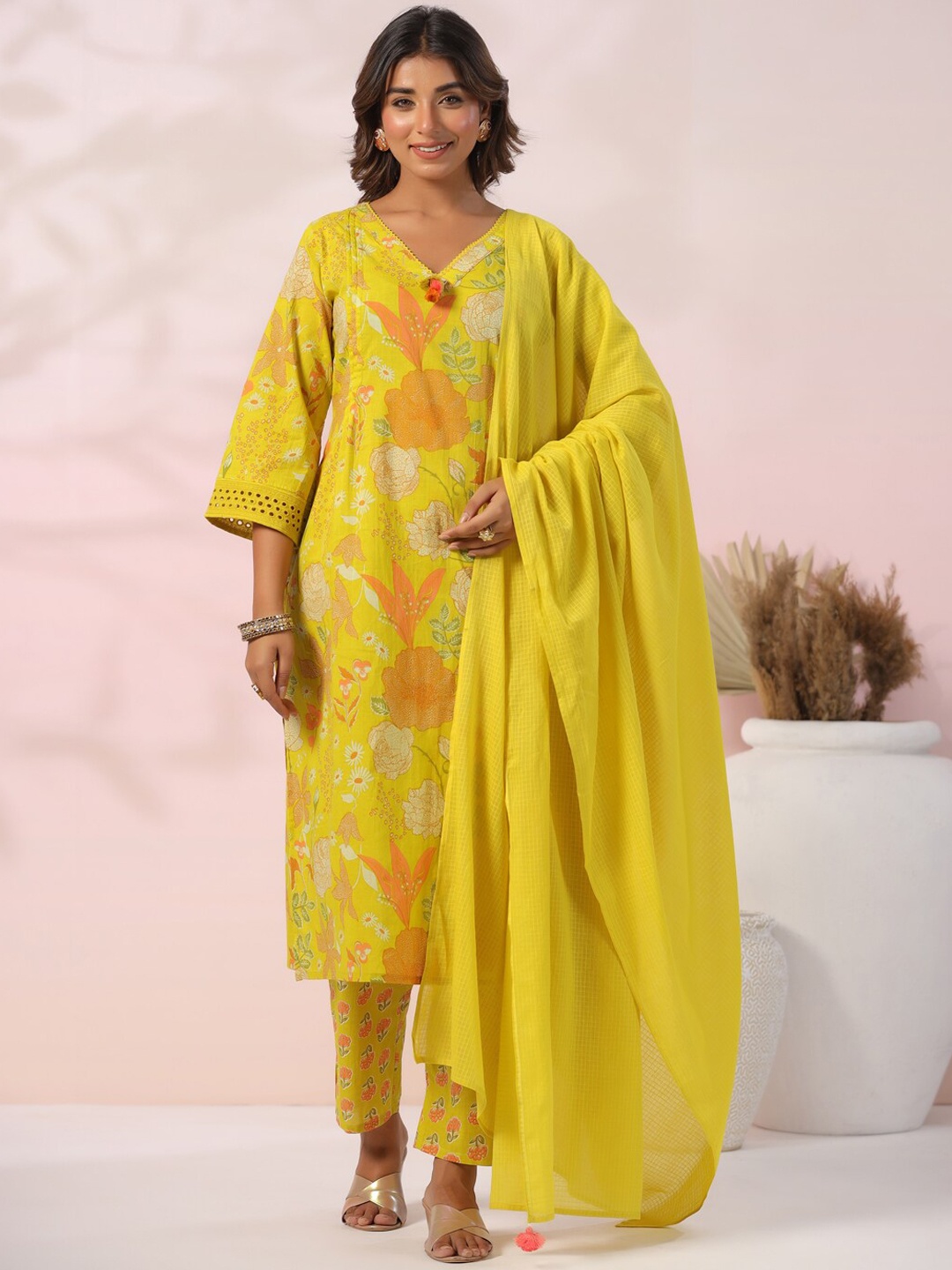 

FASHOR Floral Printed Sequinned Pure Cotton Straight Kurta With Trouser & Dupatta, Yellow