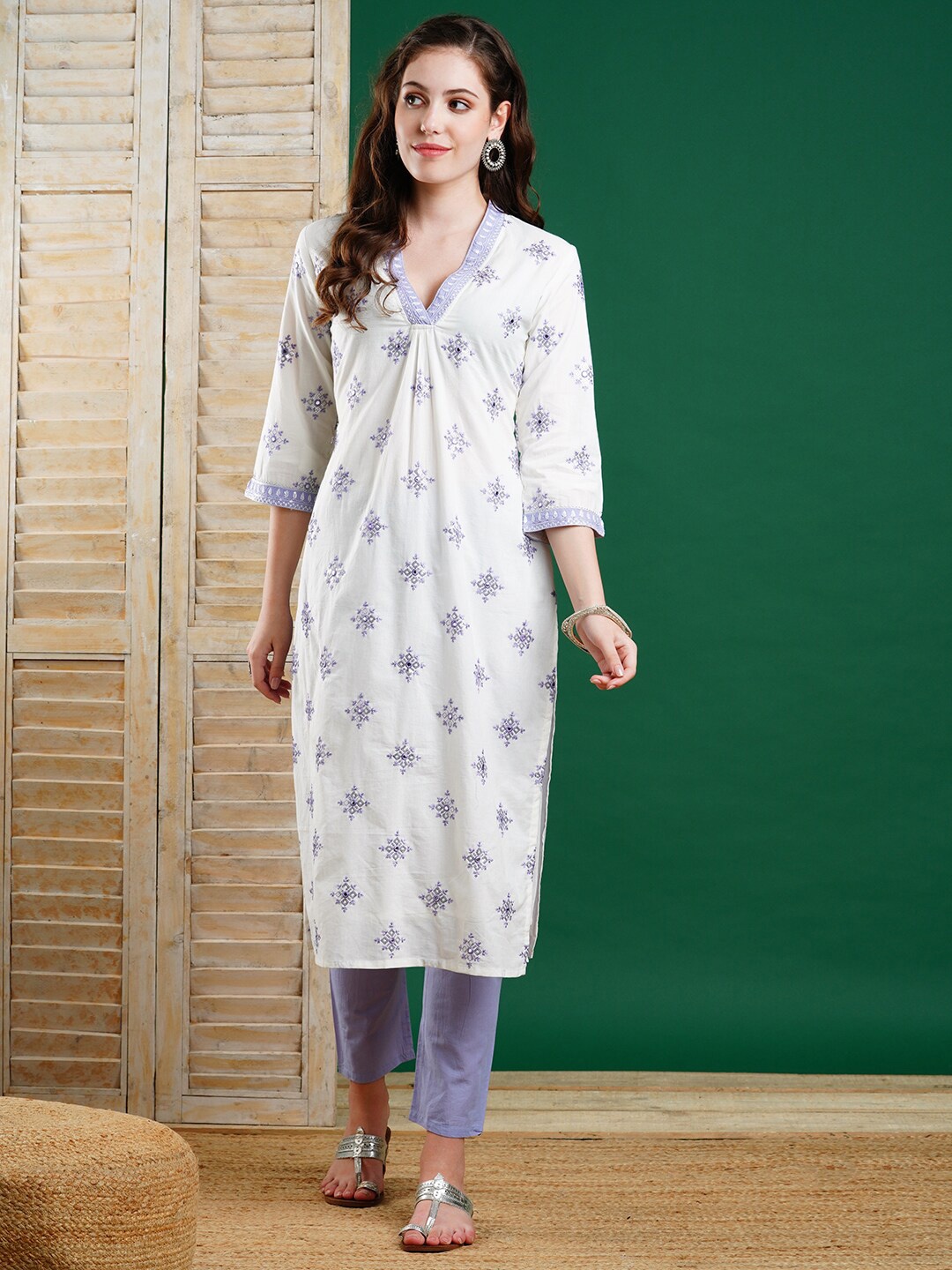 

FASHOR Ethnic Motifs Embroidered Sequinned Pure Cotton Straight Kurta With Trouser, Off white