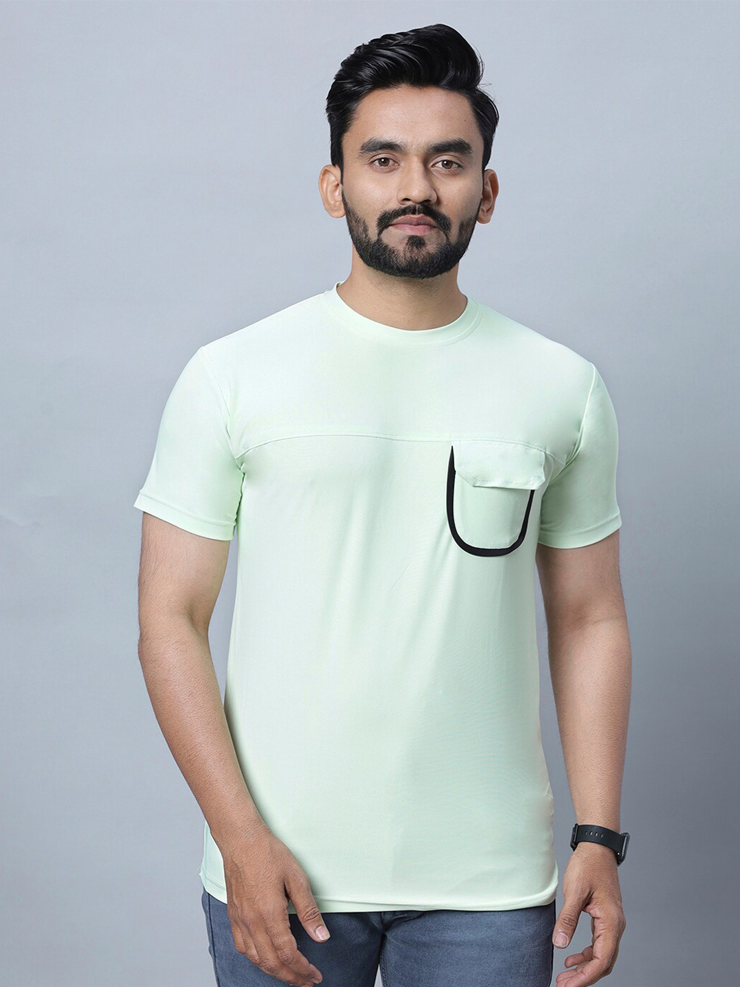 

N AND J Round Neck Short Sleeves Cotton Pockets T-shirt, Green