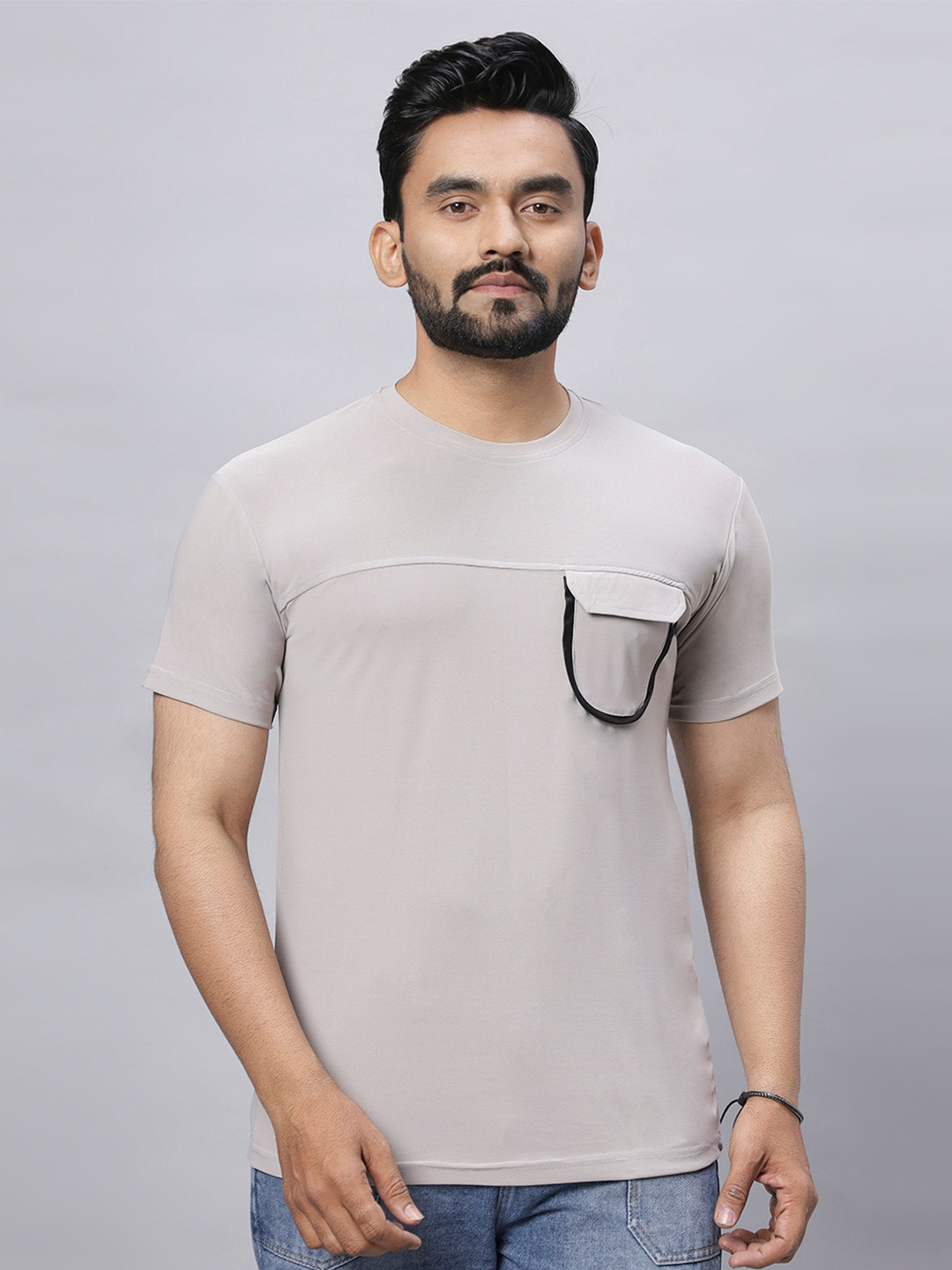 

N AND J Round Neck Flap Pocket Cotton Casual T-shirt, Grey