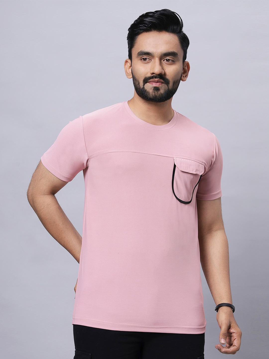 

N AND J Round Neck Flap Pockets Cotton Casual T-shirt, Rose gold