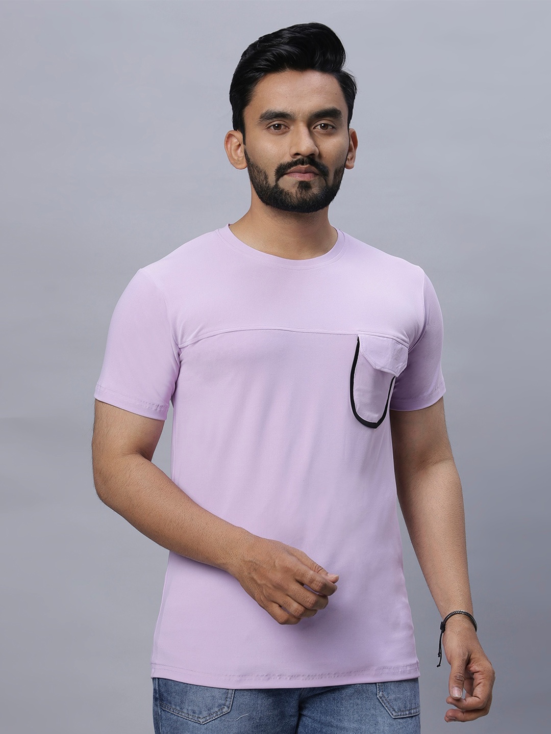 

N AND J Round Neck Flap Pocket Cotton Casual T-shirt, Lavender