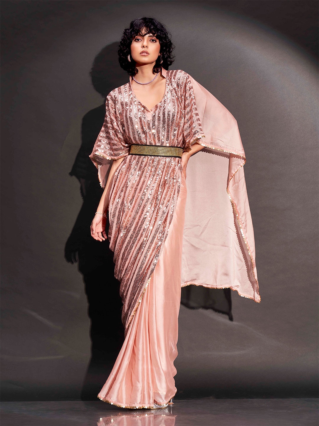 

Tikhi Imli Embellished Sequinned Kaftan Saree With Belt, Peach