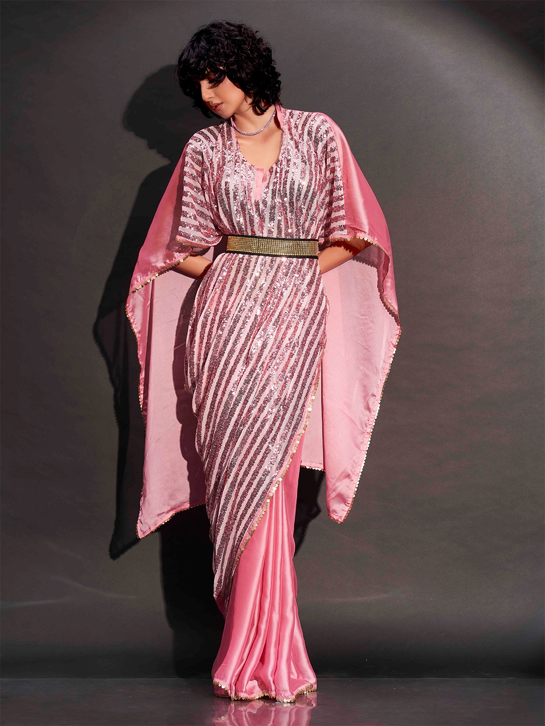 

Tikhi Imli Embellished Sequinned kaftan Saree With Belt, Pink