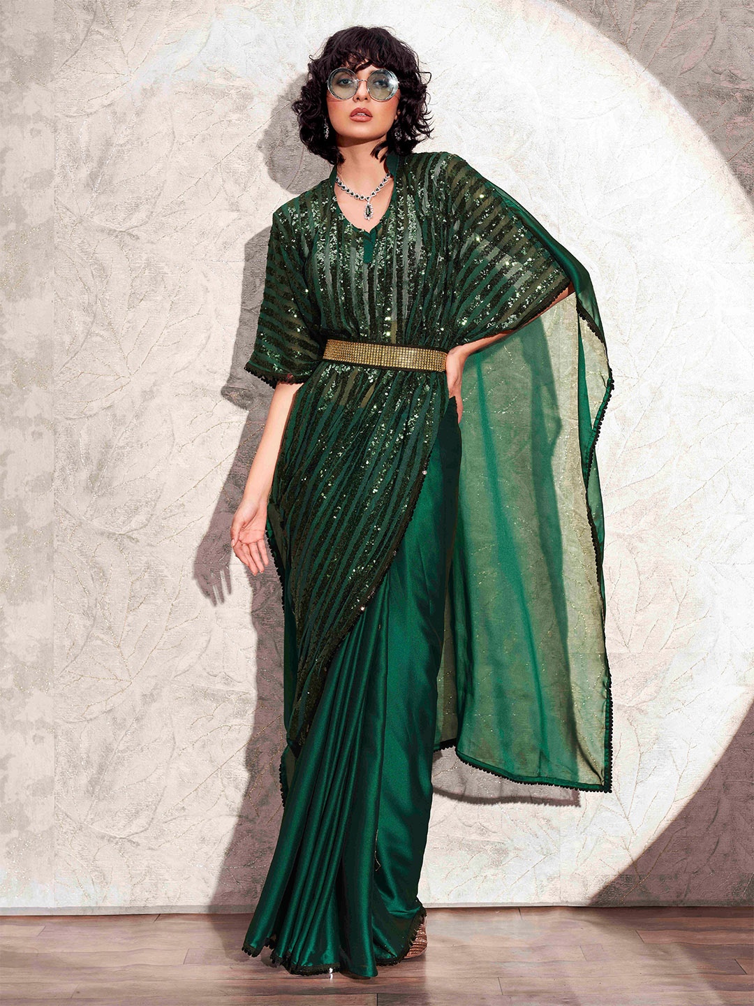 

Tikhi Imli Embellished Sequinned kaftan Saree With Belt, Green