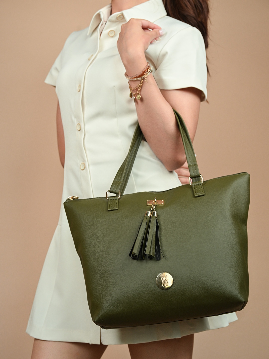 

Baggit Structured Shoulder Bag with Tasselled Detail, Green