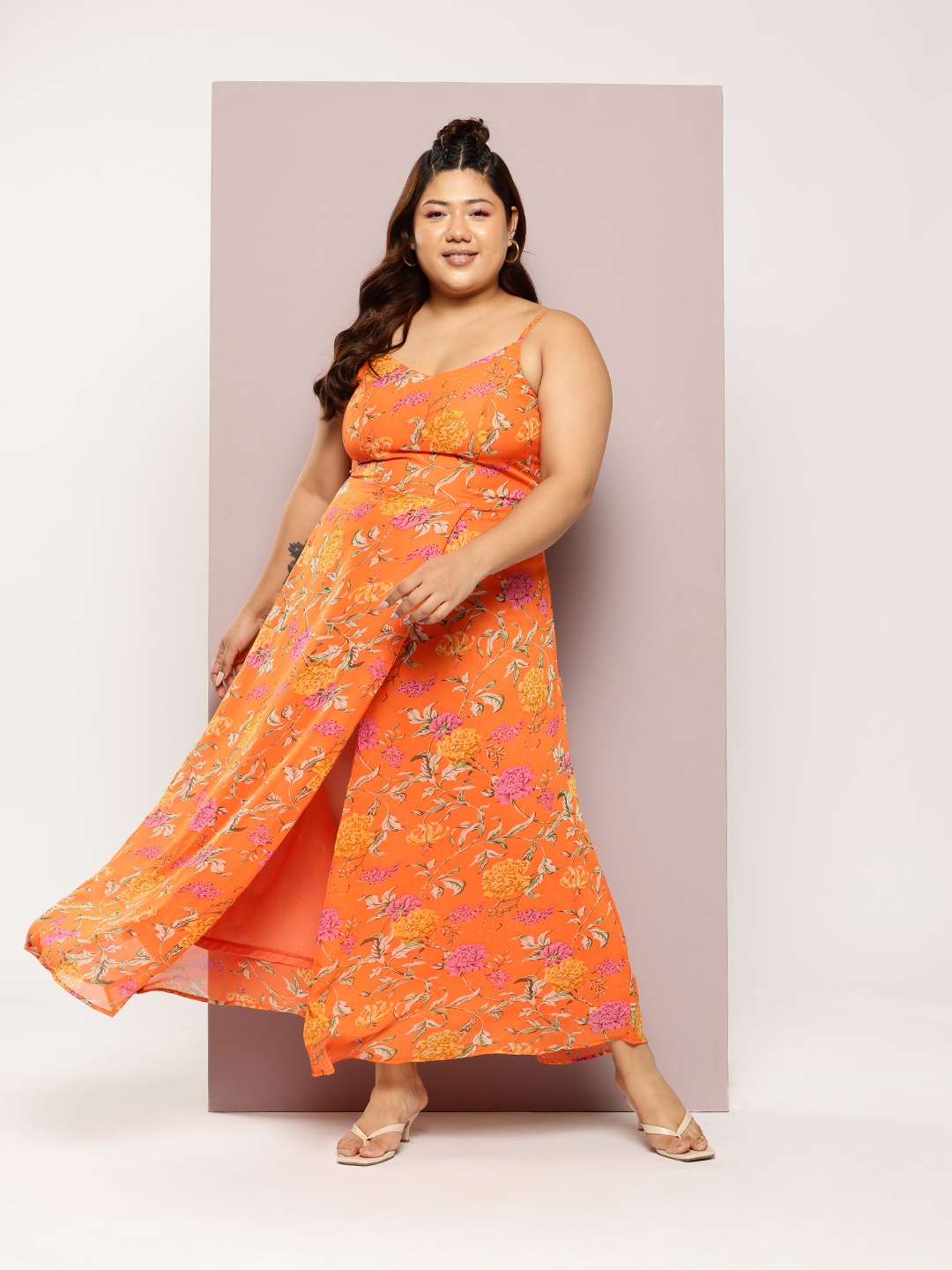 

Qurvii+ Plus Size Floral Print Georgette Fit & Flare Maxi Dress, Orange