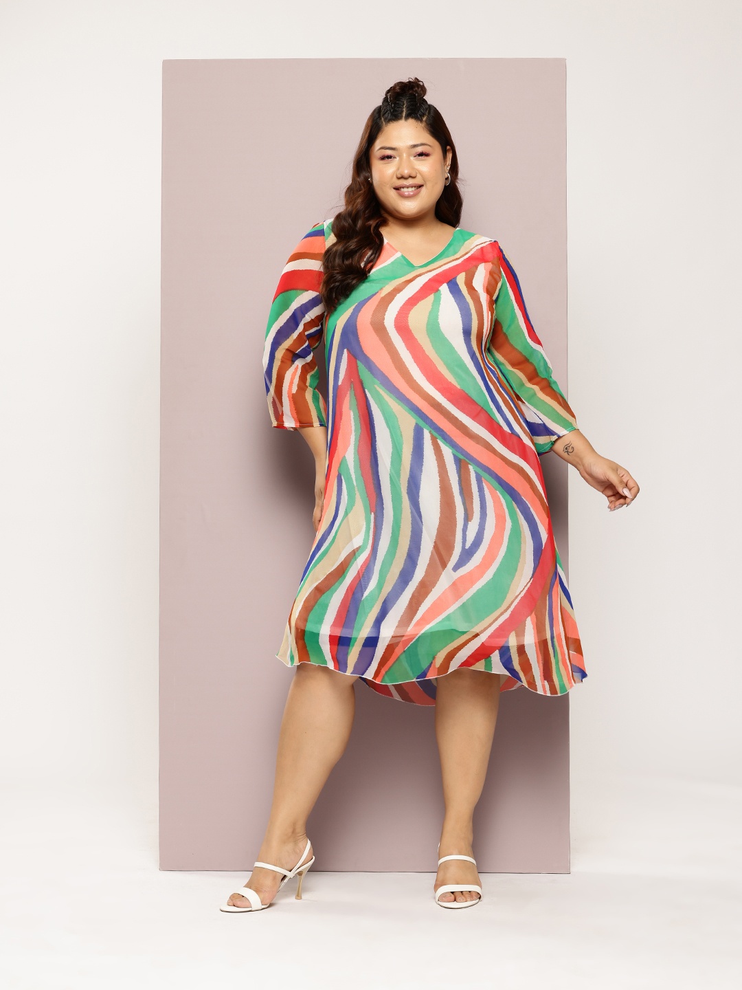

Qurvii+ Plus Size Print Georgette A-Line Midi Dress, Multi