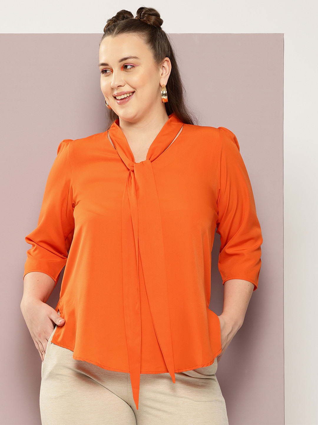 

Qurvii+ Plus Size Solid Tie-Up Neck Crepe Top, Orange