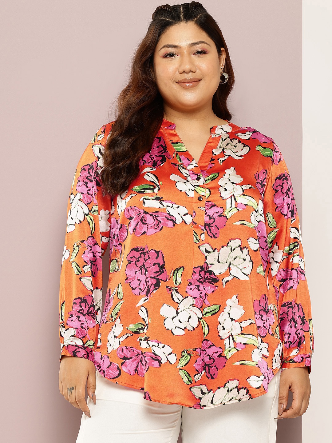 

Qurvii+ Women Plus Size Comfort Floral Printed Casual Shirt, Orange