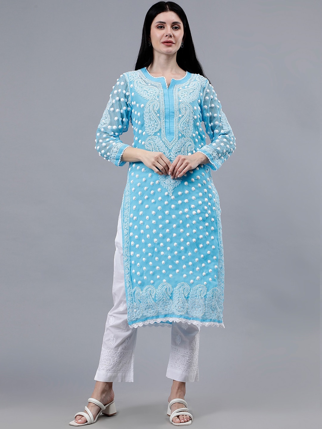 

Seva Chikan Round Neck Ethnic Motifs Embroidered Georgette Straight Kurta, Blue