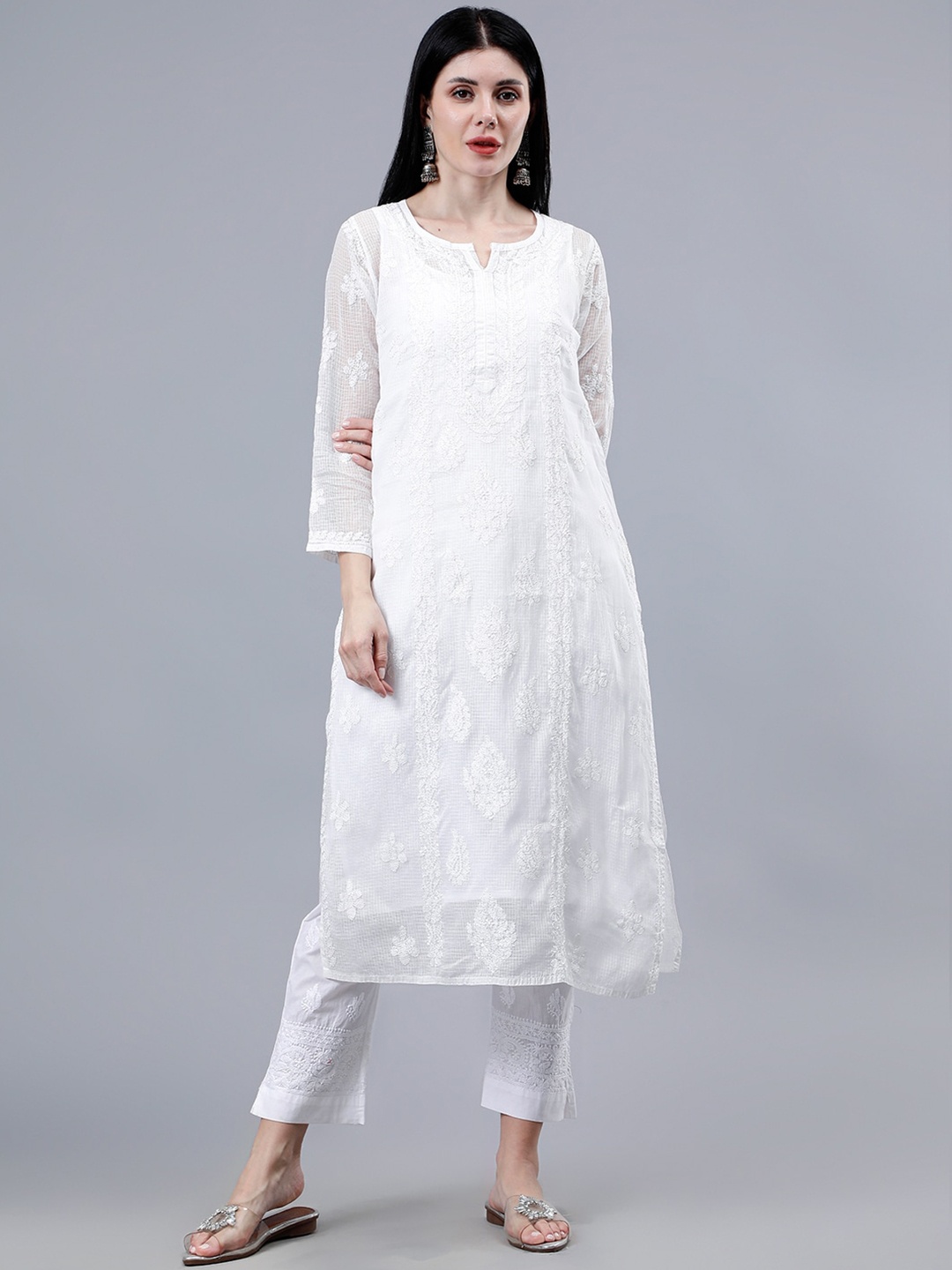 

Seva Chikan Ethnic Motifs Embroidered Lucknowi Chikankari Straight Kurta, White