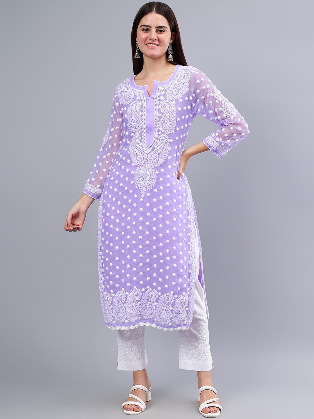 

Seva Chikan Floral Embroidered Georgette Lucknowi Chikankari Kurta With Slip, Lavender