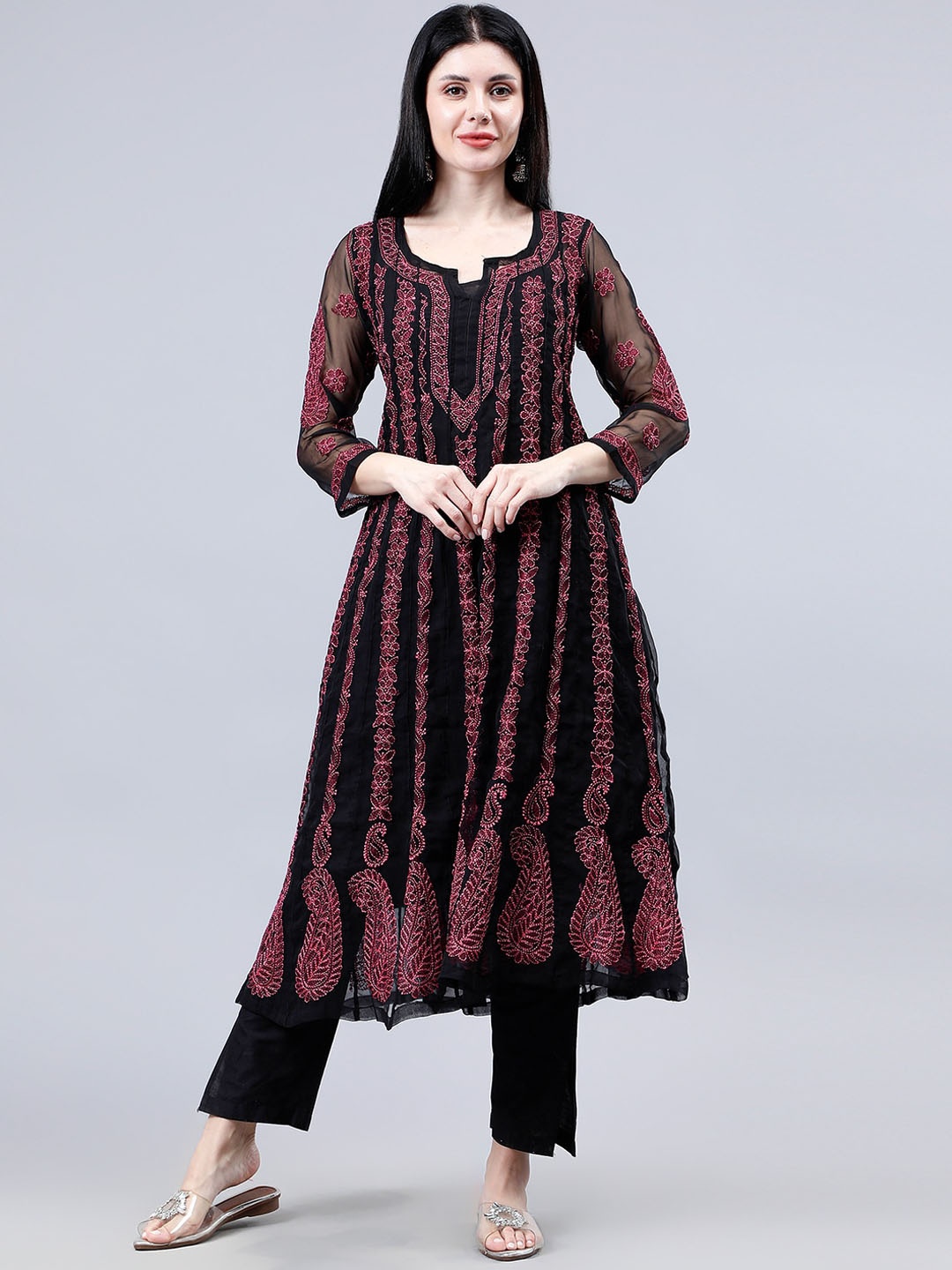 

Seva Chikan Ethnic Motifs Embroidered Lucknowi Chikankari Anarkali Kurta, Black