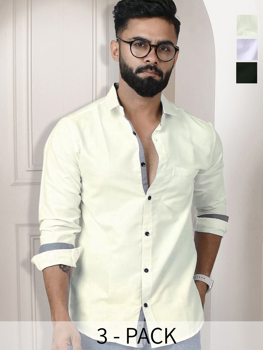 

Ethnic basket Pack Of 3 Standard Spread Collar Curved Cotton Casual Shirt, White