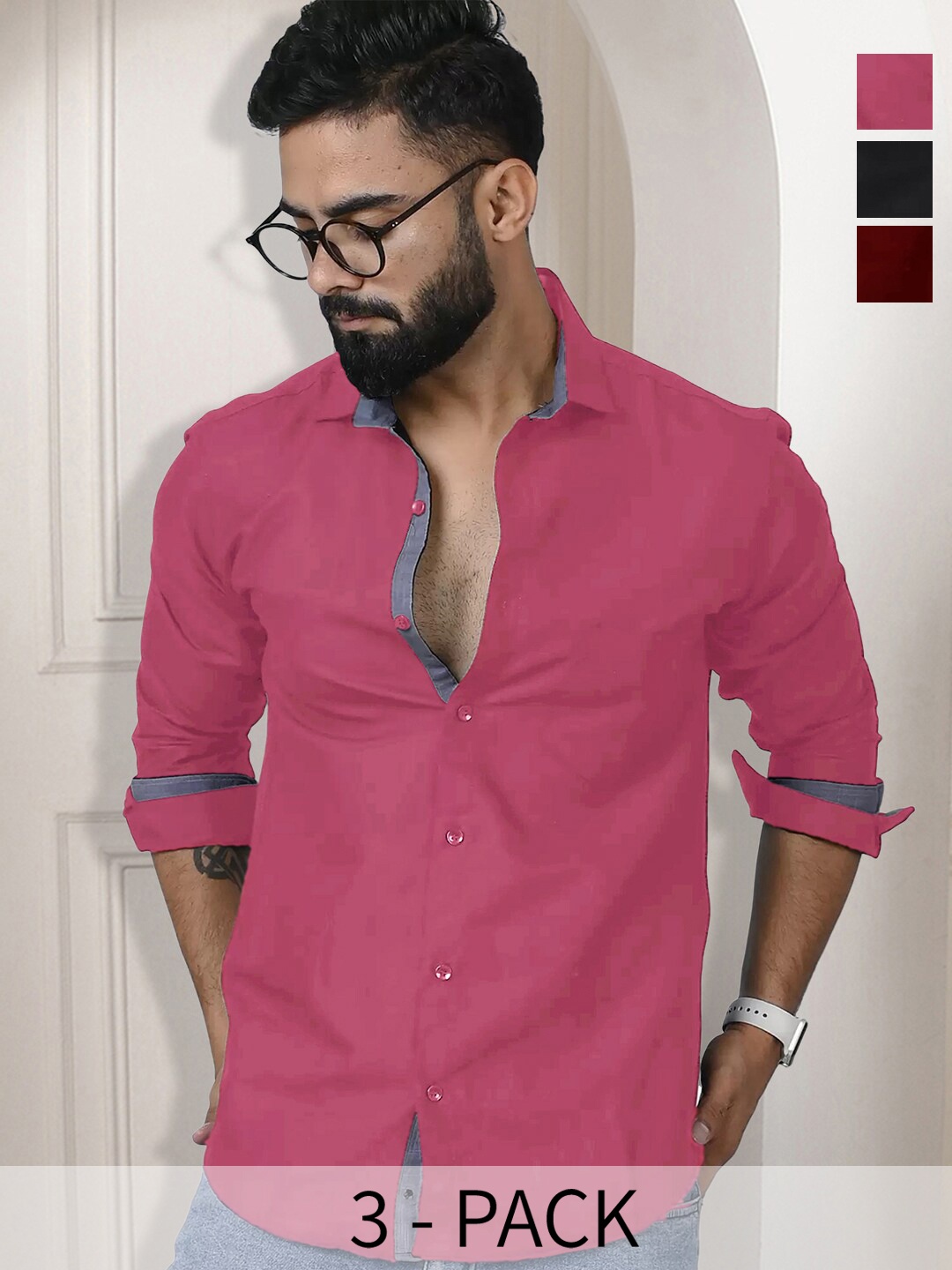 

Ethnic basket Pack Of 3 Standard Spread Collar Long Roll Up Sleeves Cotton Casual Shirt, Pink