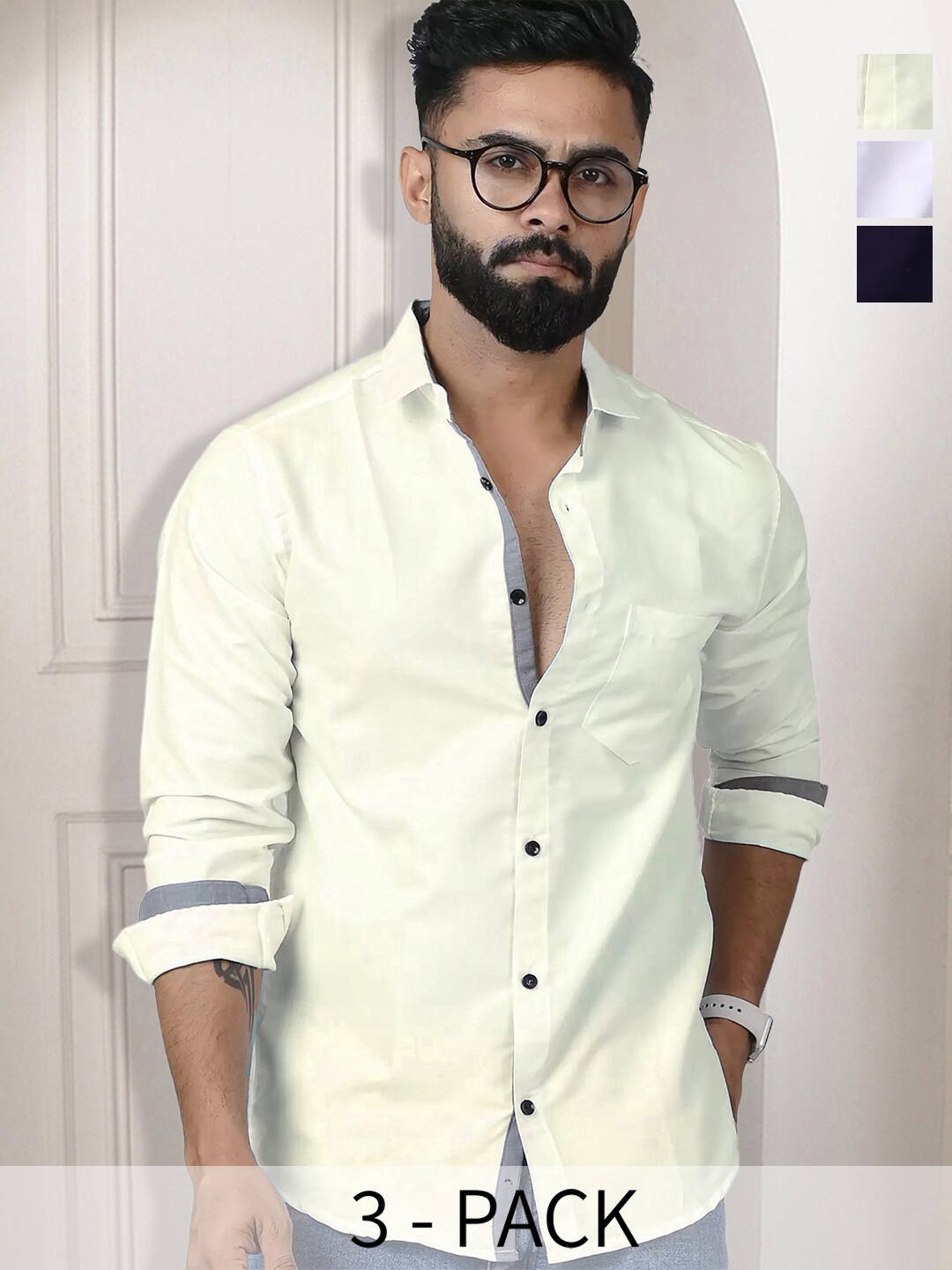 

Ethnic basket Pack Of 3 Standard Spread Collar Curved Cotton Casual Shirt, White