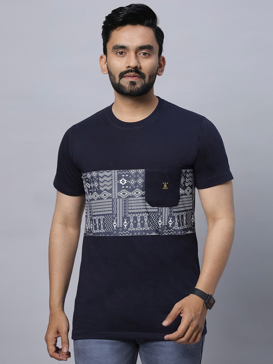 

N AND J Graphic Printed Round Neck Cotton Casual T-shirt, Navy blue