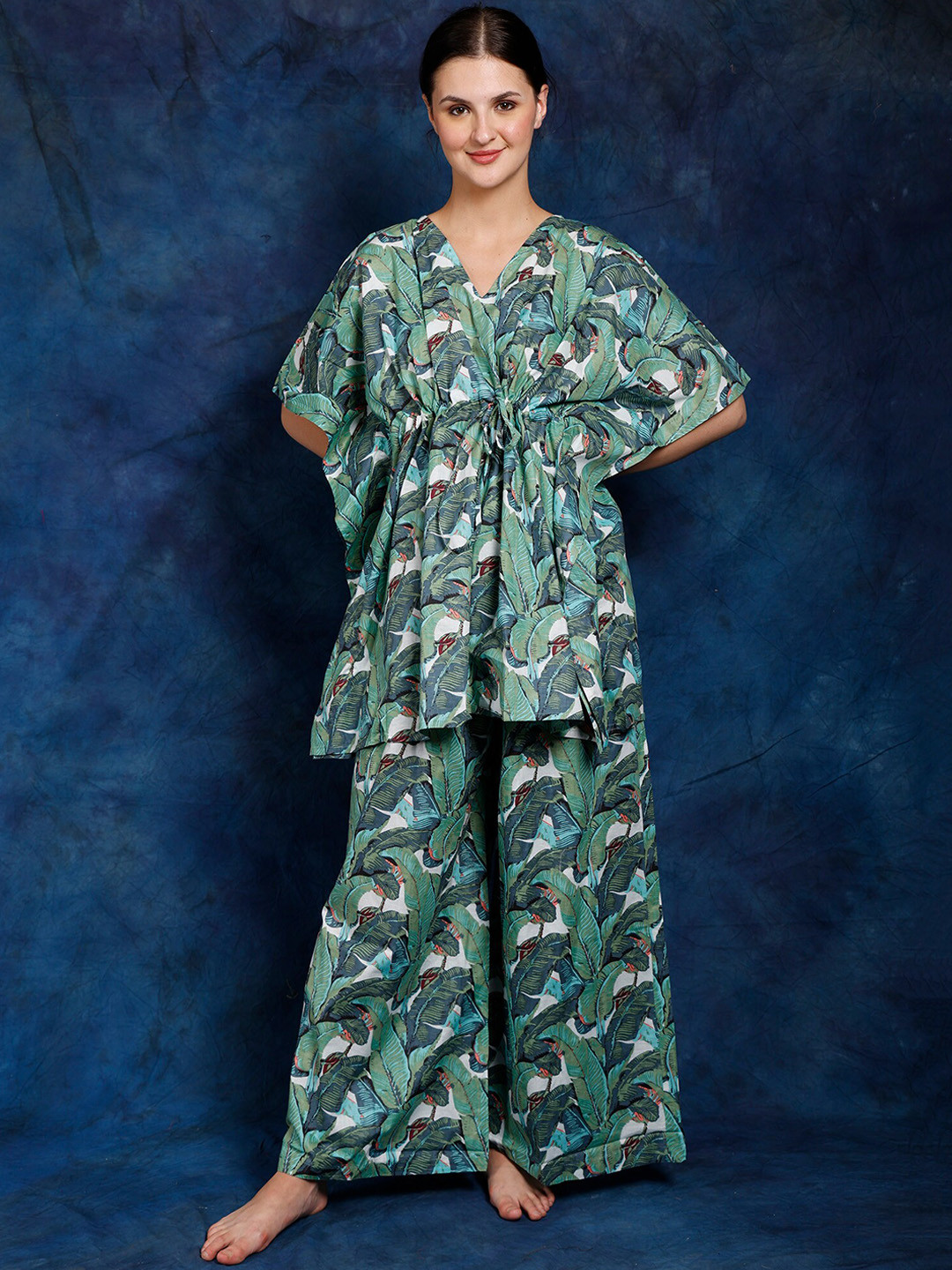 

Exotic India Printed Pure Cotton Top With Trouser, Green