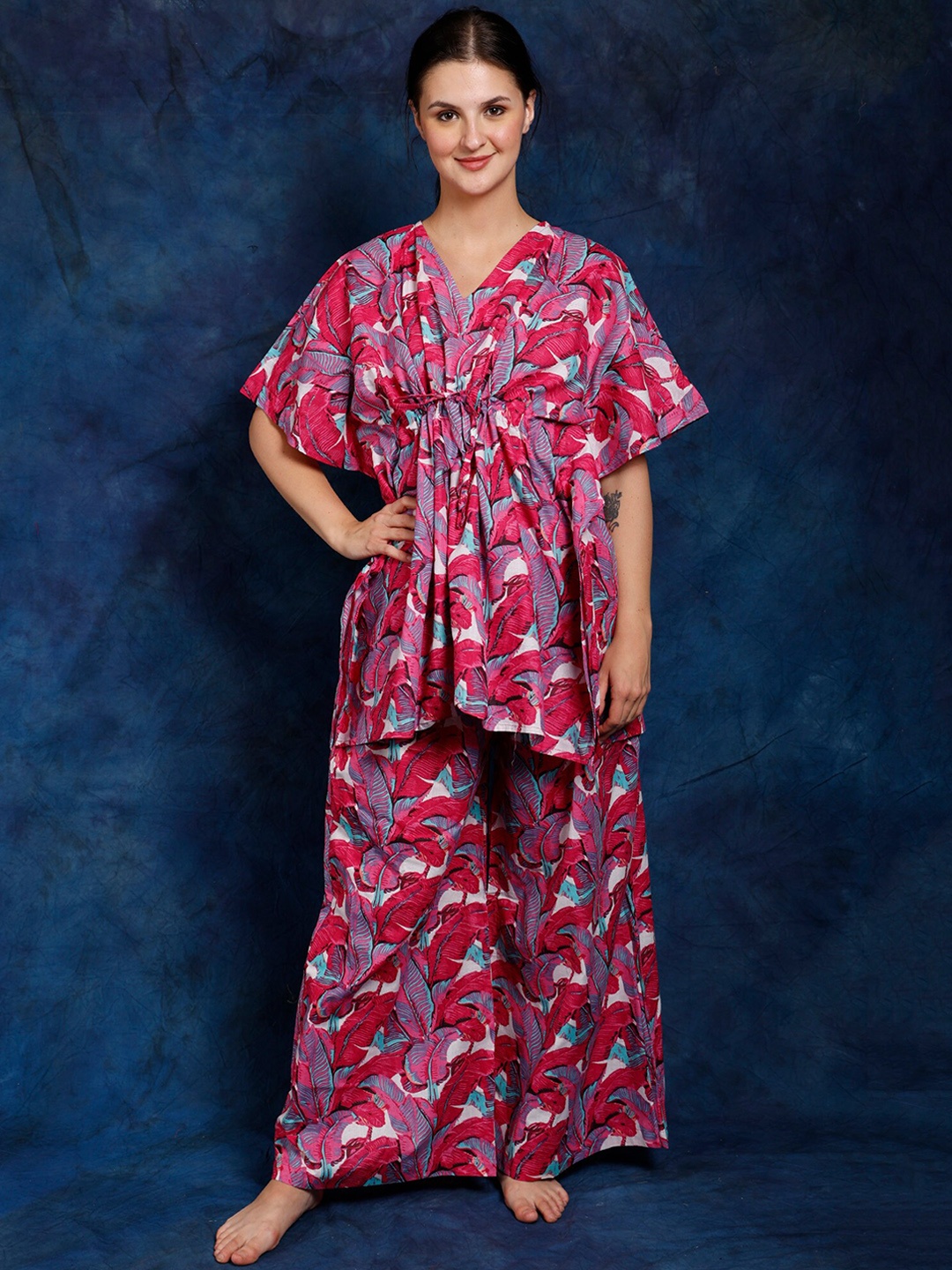 

Exotic India Carmine Pure Cotton Kaftan Style Co-Ord Set with All-Over Leaf Print, Pink