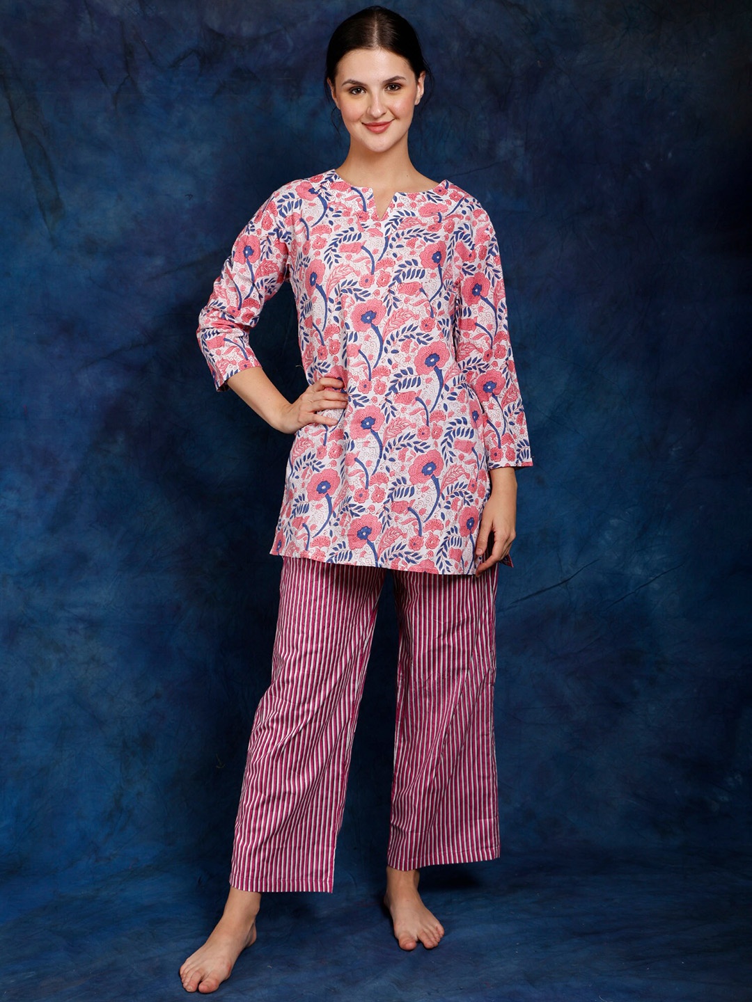 

Exotic India Plumeria Pure Cotton Printed Co-Ord Set for Evening Wear, Pink