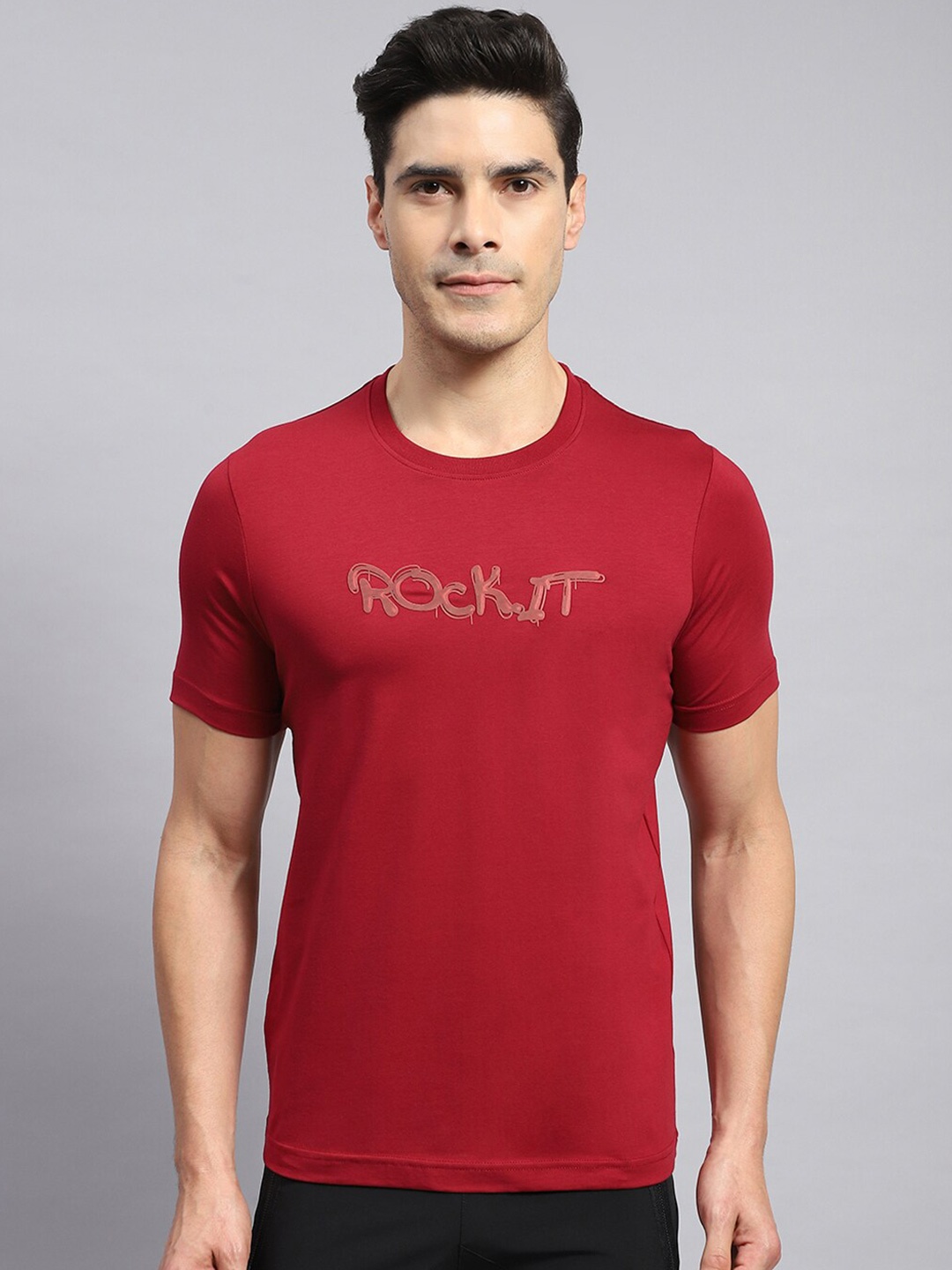 rock.it Typography Round Neck Short Sleeves Cotton T-shirt, Red