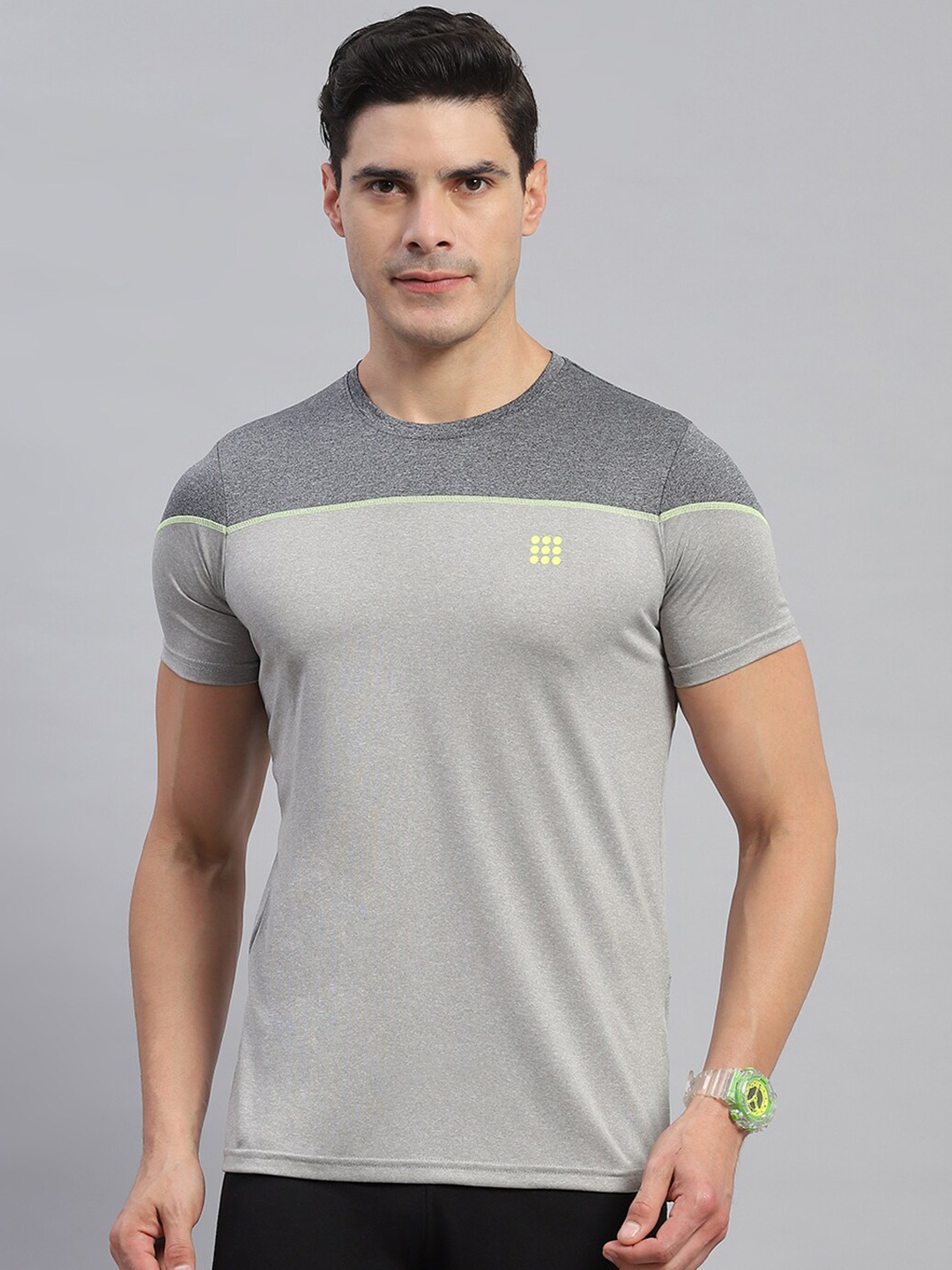 

rock.it Colourblocked Round Neck Cotton Casual T-shirt, Grey