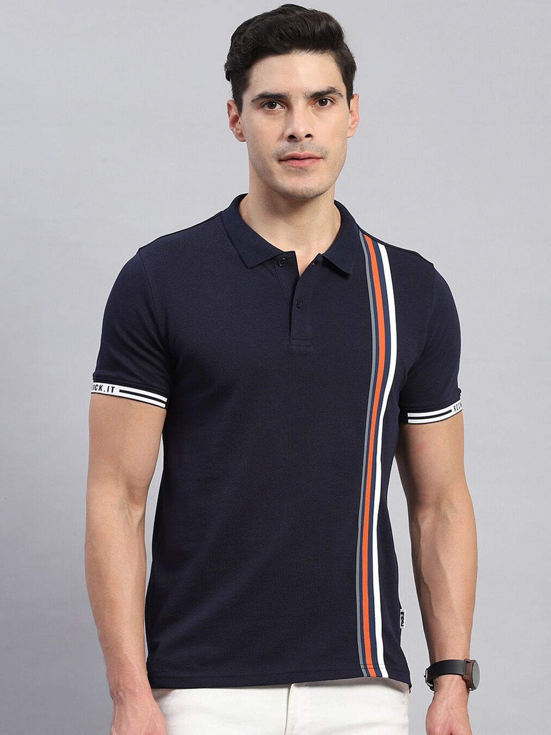 

rock.it Striped Polo Collar Cotton T-shirt, Navy blue