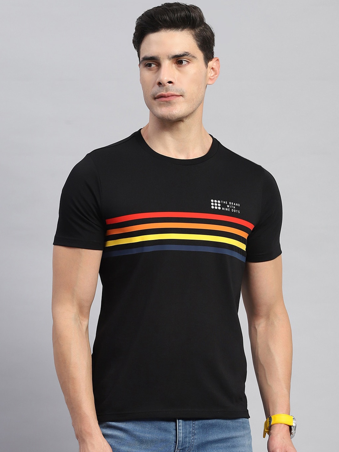 

rock.it Horizontal Striped Round Neck Cotton Casual T-shirt, Black