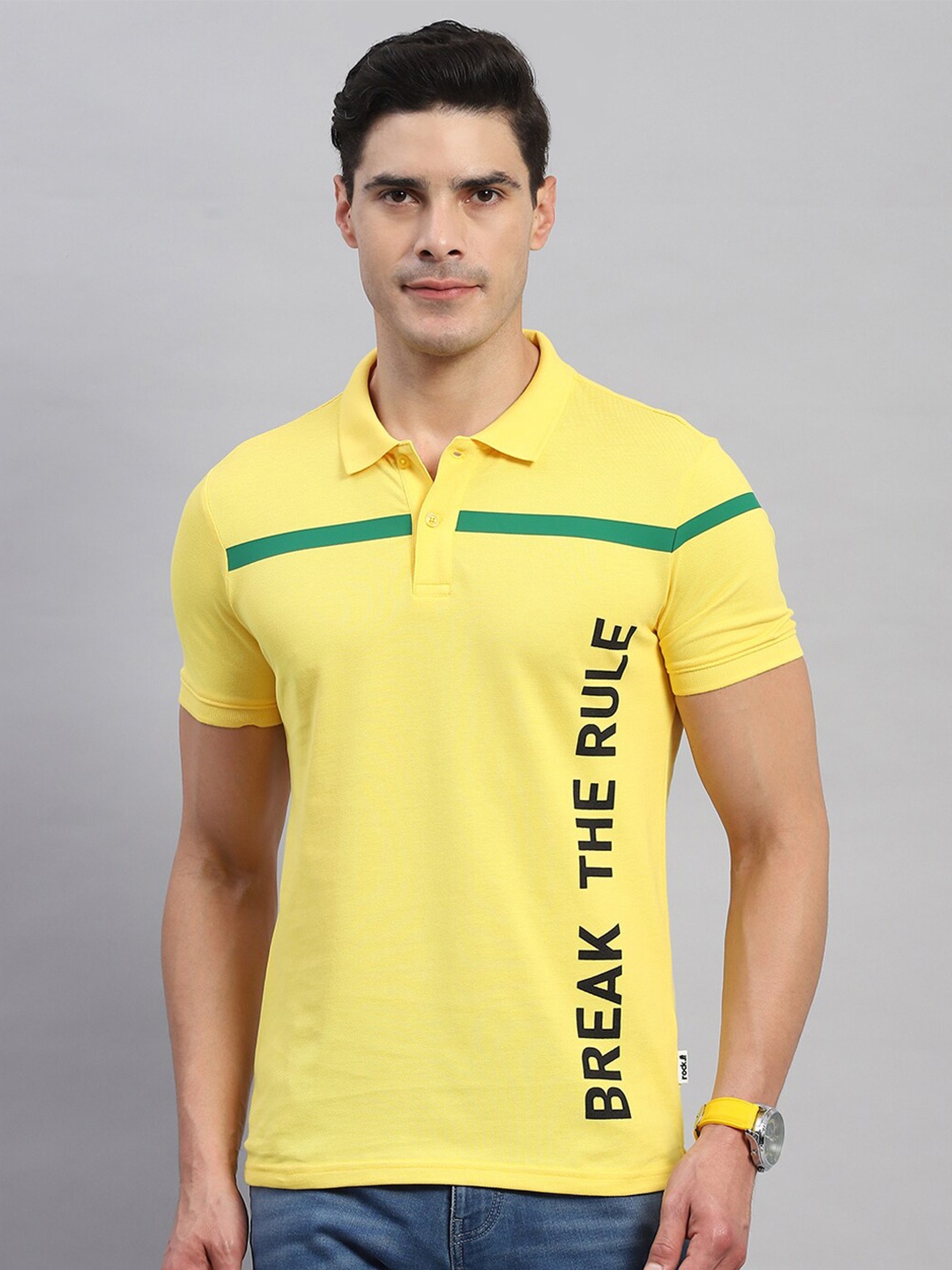 

rock.it Typography Printed Polo Collar Short Sleeves Cotton T-shirt, Yellow