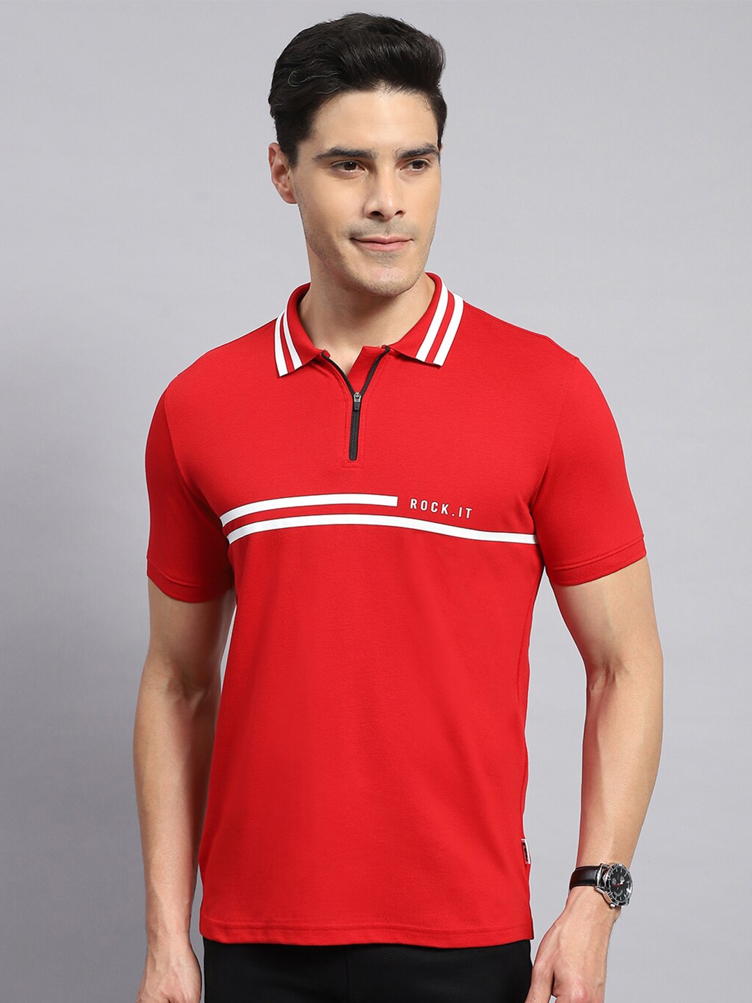 

rock.it Striped Polo Collar Short Sleeves Cotton T-shirt, Red