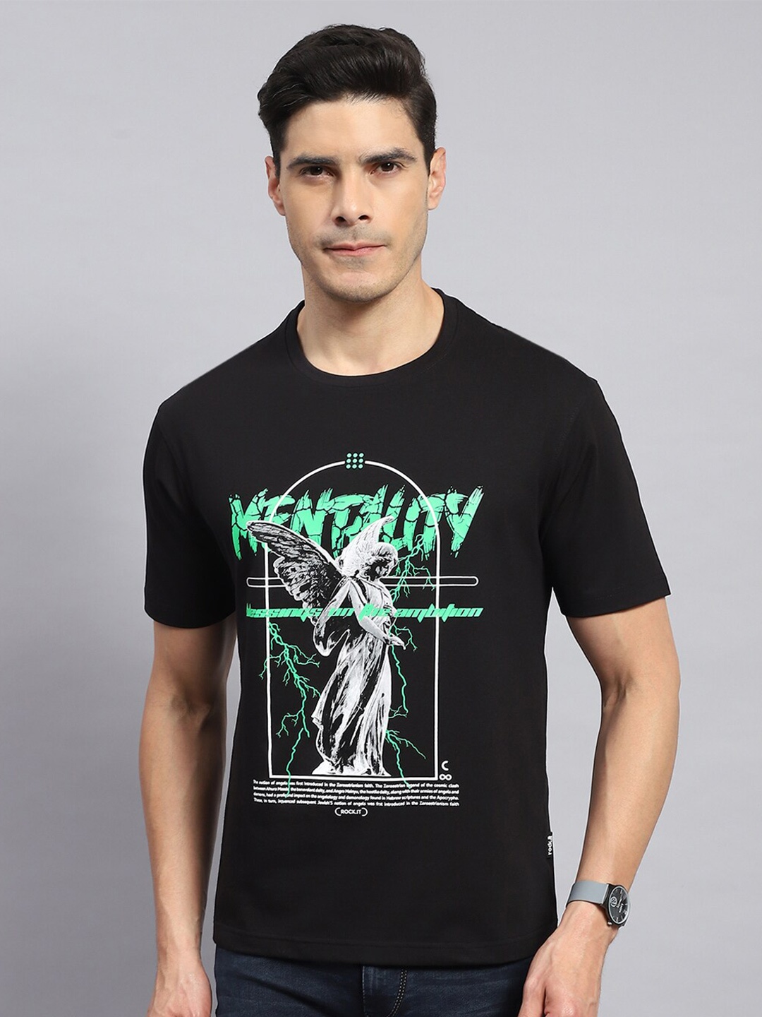 

rock.it Round Neck Short Sleeves Typography Printed Regular Fit Cotton T-shirt, Black