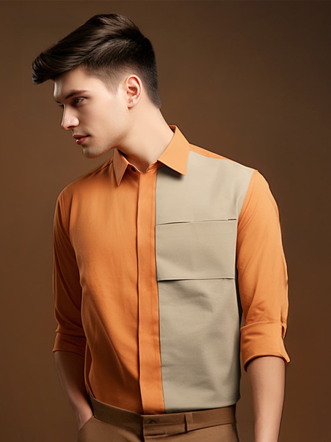 

HE SPOKE Smart Spread Collar Twill Tailored Fit Cotton Casual Shirt, Orange