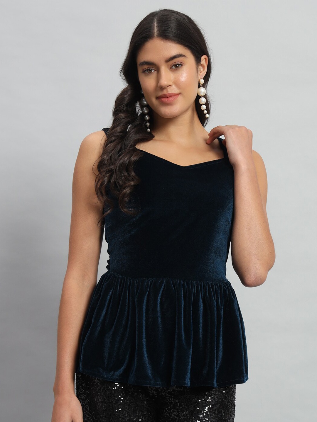 

VAARARO Velvet Peplum Top, Blue