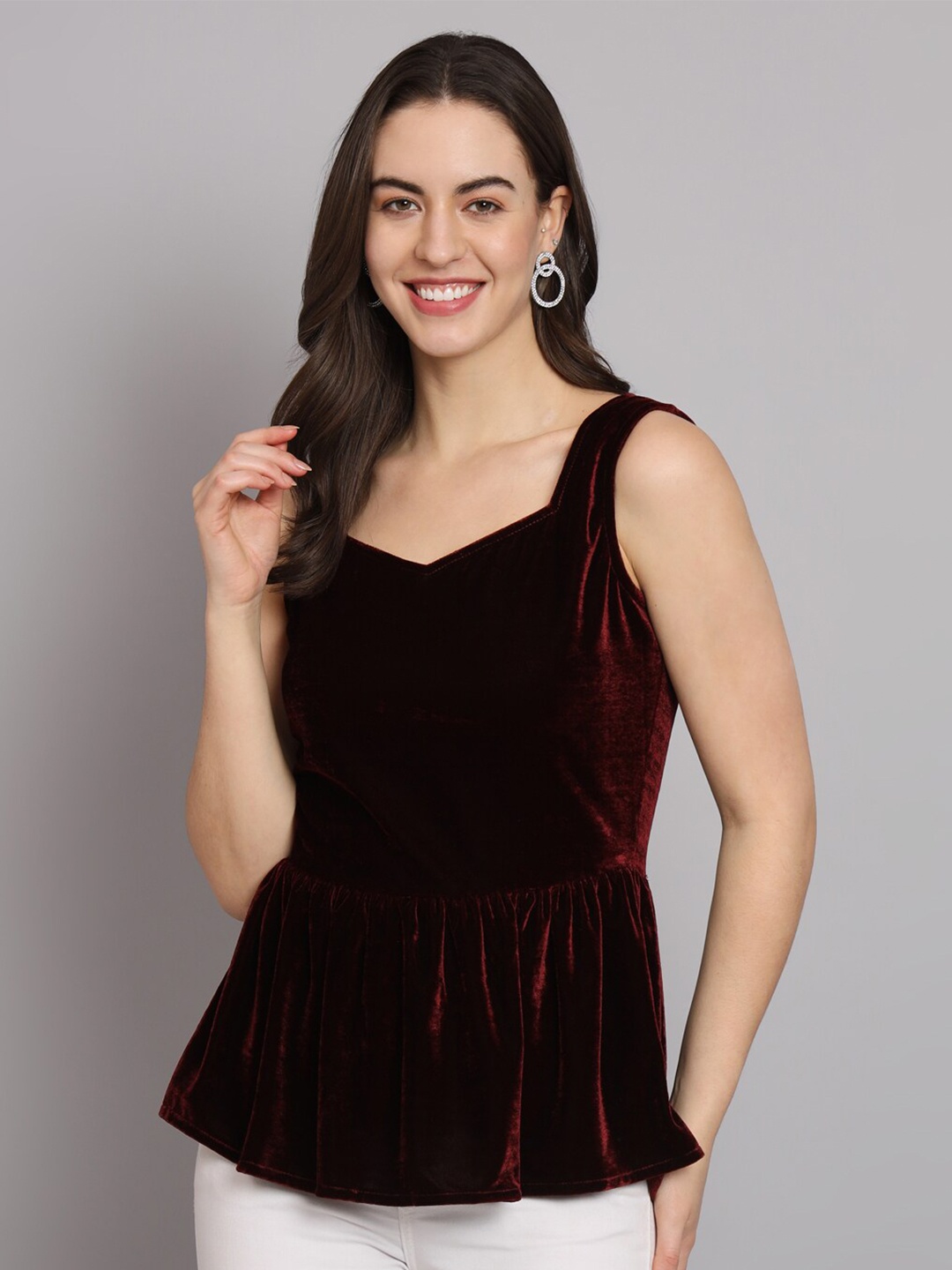 

VAARARO Velvet Peplum Top, Maroon